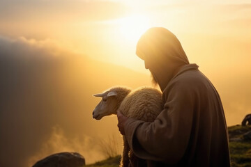 shepherd jesus christ taking care of one missing lambp during sunset. ai generative