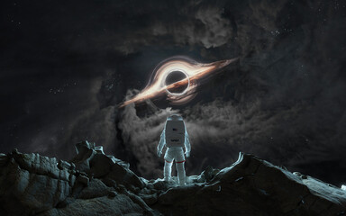 Wall Mural - 3d illustration of astronaut looks at giant black hole absorbs space and matter. 5k realistic scienc