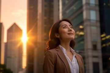 Wall Mural - Happy wealthy rich successful asian businesswoman standing in big city modern skyscrapers street on sunset thinking of successful vision, dreaming of new investment opportunities. Generative AI