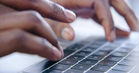 Closeup of person typing on laptop for research, website and planning digital information online. Internet, hands and computer keyboard at technology for editing data, media connection and download