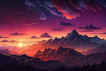 Sticker - golden sunset over a majestic mountain range. Generative AI