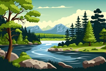 Sticker - serene river winding through a verdant forest. Generative AI