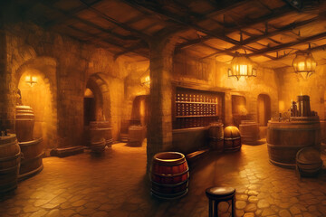 Wall Mural - The interior of an old wine cellar full of bottles on shelves and barrels. generative ai illustration