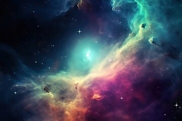 Poster - Colored nebula and open cluster of stars in the universe. Colorful nebula in deep space with stars, AI Generated