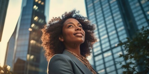 Wall Mural - Happy wealthy rich successful black businesswoman standing in big city modern skyscrapers street on sunset thinking of successful vision, dreaming of new investment opportunities. Generative AI