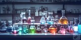 Fototapeta Paryż - AI Generated. AI Generative. Chemistry lab laboratory technical equipment with many glassware bottle for medicine research. Graphic Art