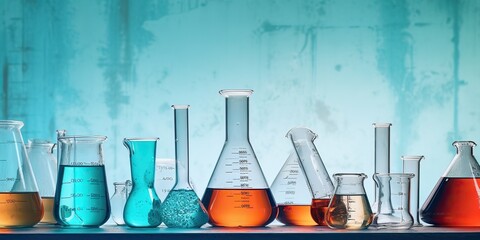 AI Generated. AI Generative. Chemistry lab laboratory technical equipment with many glassware bottle for medicine research. Graphic Art
