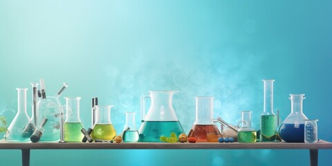 Wall Mural - AI Generated. AI Generative. Chemistry lab laboratory technical equipment with many glassware bottle for medicine research. Graphic Art