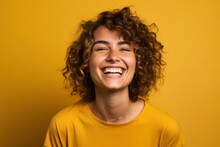 Happy Brunette Woman Smiling, Isolated On Plain Yellow Background. Generative AI Illustration.