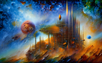 vintage style science fiction space abstract painting with an alien structure with planets and glowi