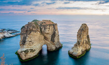 Raouche Or Pigeons Rocks Sea Panorama In A Sunset Time, Beirut, Lebanon