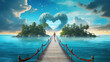 blue walkway to a tropical island in perspective, love cloud