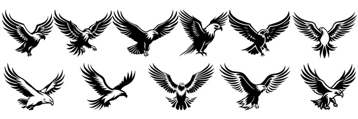 Wall Mural - Eagle silhouettes set, large pack of vector silhouette design, isolated white background