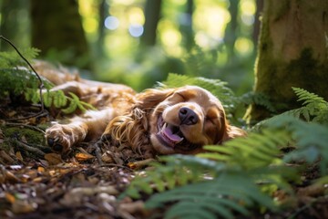 Wall Mural - Environmental portrait photography of a smiling cocker spaniel sleeping against a forest background. With generative AI technology