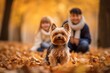 Lifestyle portrait photography of a cute yorkshire terrier posing with a family against an autumn foliage background. With generative AI technology