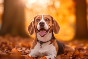 Wall Mural - Conceptual portrait photography of a happy beagle lying down against an autumn foliage background. With generative AI technology