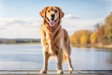 Close-up Portrait Photography Of A Smiling Golden Retriever Standing On Hind Legs Against Lakes And Rivers Background. With Generative AI Technology