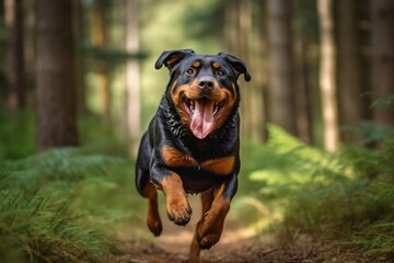 Wall Mural - Full-length portrait photography of a smiling rottweiler running against forests and woodlands background. With generative AI technology