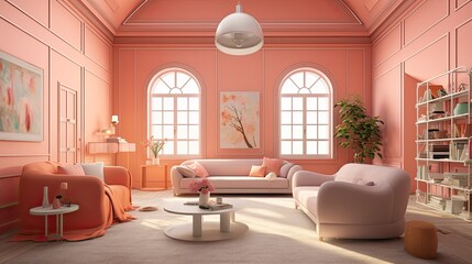 Canvas Print - The room's interior is decorated in pale hues. mockup using the 2019 color palette live coral Generative AI