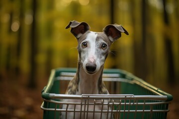 Wall Mural - Lifestyle portrait photography of a happy greyhound sitting in a shopping cart against forests and woodlands background. With generative AI technology