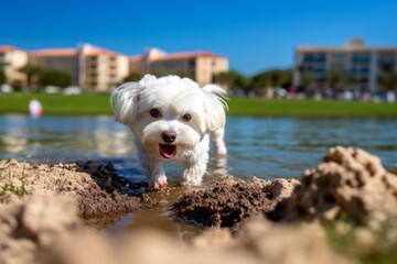 Wall Mural - Lifestyle portrait photography of a funny maltese digging against lakes and rivers background. With generative AI technology