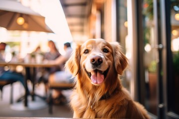 Wall Mural - Medium shot portrait photography of a smiling golden retriever having a paw print against dog-friendly cafes and restaurants background. With generative AI technology