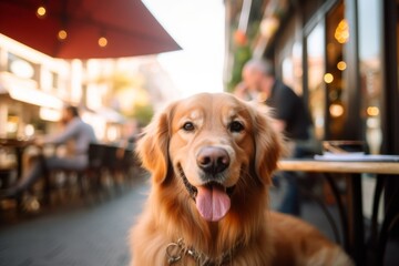 Wall Mural - Medium shot portrait photography of a smiling golden retriever having a paw print against dog-friendly cafes and restaurants background. With generative AI technology