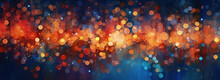 A Blue Background With Orange Defocused Sparkles Falling Down. Abstract Banner With Smokey Dark Blue Backdrop And Illuminated Bokeh Particles In Red And Amber Orange Colors. Generative Ai.