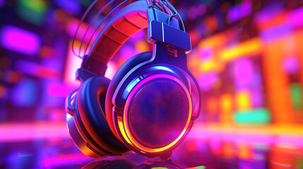 Neon glowing headphones electro music concept. Bright rgb glowing headphones on a multicolor blurry background of neon lights. Generative Ai.