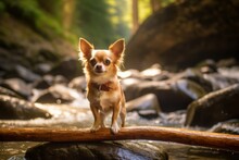 Lifestyle Portrait Photography Of A Cute Chihuahua Playing With A Stick Against Waterfalls Background. With Generative AI Technology