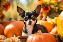 Medium Shot Portrait Photography Of A Cute Chihuahua Lying Down Against Pumpkin Patches Background. With Generative AI Technology