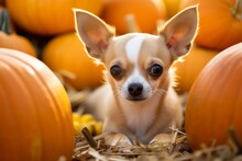 Medium Shot Portrait Photography Of A Cute Chihuahua Lying Down Against Pumpkin Patches Background. With Generative AI Technology