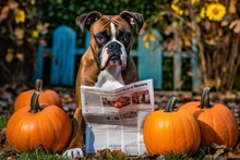 Environmental Portrait Photography Of A Curious Boxer Dog Holding A Newspaper In Its Mouth Against Pumpkin Patches Background. With Generative AI Technology