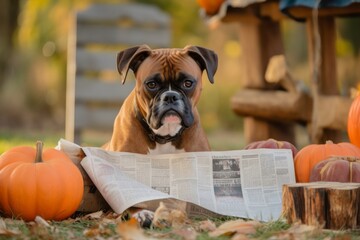 Wall Mural - Environmental portrait photography of a curious boxer dog holding a newspaper in its mouth against pumpkin patches background. With generative AI technology