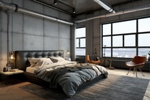 Bedroom Interior In A Loft Apartment. Minimalist D�cor In An Industrial And Scandinavian Design. Grey Pillows On A Double Bed. Generative AI