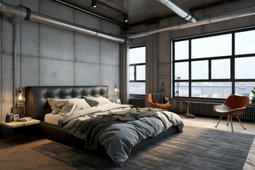 Wall Mural - bedroom interior in a loft apartment. minimalist d�cor in an industrial and Scandinavian design. Grey pillows on a double bed. Generative AI