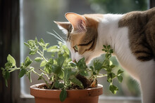 Domestic Cat Eating Green Plant On Windowsill, Generative Ai 