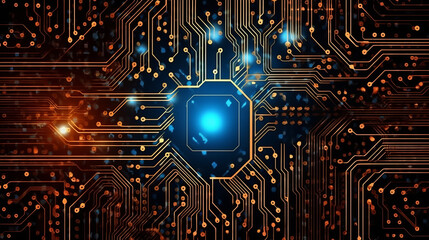 Fototapete - A computer circuit board with a blue button. Generative ai