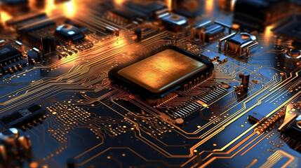 Fototapete - A close-up view of a printed circuit board computer chip. Generative ai