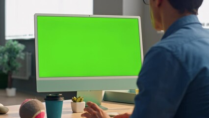 Wall Mural - Freelancer video chatting mockup monitor workplace. Businessman chromakey device