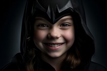 Wall Mural - Close-up portrait photography of a grinning kid female posing like a superhero against a dark grey background. With generative AI technology