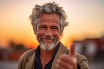 Wall Mural - Close-up portrait photography of a tender mature man showing a thumb up against a sunset orange background. With generative AI technology