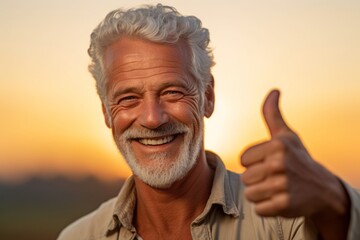 Wall Mural - Close-up portrait photography of a tender mature man showing a thumb up against a sunset orange background. With generative AI technology