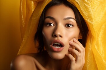 Wall Mural - Close-up portrait photography of a glad girl in her 30s covering one's mouth against a honey gold background. With generative AI technology