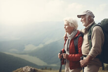 Senior Couple Hiking In The Mountains, Copyspace. Generative AI