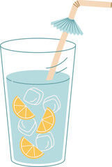 Water with ice and lemon in glass. Plastic free, zero waste concept. Flat vector illustartion.