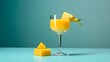 Alcoholic Frozen Mango Daiquiri Cocktail in modern style served on a elegant minimalist dark green background, futuristic, abstract, luxury, sunlight, design,  tropical leaves shadows, AI Generated.