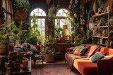 Fototapeta Uliczki - Stylishly decorated living space with vintage furniture, tapestries, and plants, reflecting the bohemian lifestyle of the time. Generative AI
