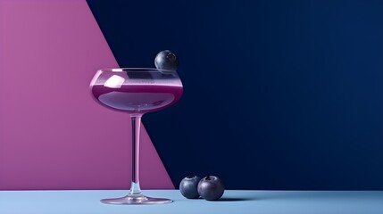 Wall Mural - Alcoholic Frozen Blueberry Daiquiri Cocktail in modern style served on a elegant minimalist dark violet background, futuristic, abstract, luxury, blue, pink colors, sunlight, AI Generated.