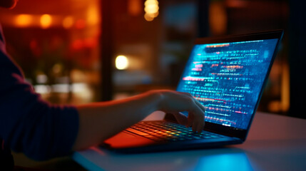 Software development concept. Coding programmer, software engineer working on laptop with javascript computer code on virtual screen, internet of things IoT, digital technology. Generative AI